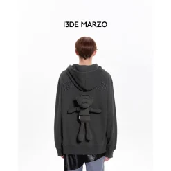 13De Marzo Plush Bear Embossed Hoodie Dark Grey