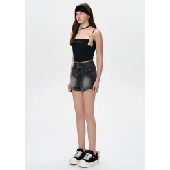 13De Marzo Plush Bear High Waist Denim Shorts Gray