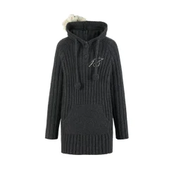 13De Marzo Plush Bear Hooded Knit Dress Sweater Gray