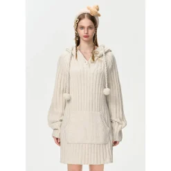 13De Marzo Plush Bear Hooded Knit Dress Sweater Beige