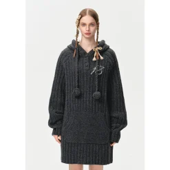 13De Marzo Plush Bear Hooded Knit Dress Sweater Gray