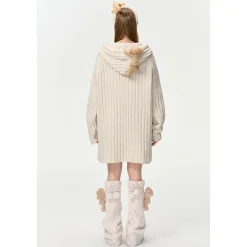 13De Marzo Plush Bear Hooded Knit Dress Sweater Beige