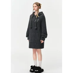 13De Marzo Plush Bear Hooded Knit Dress Sweater Gray