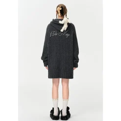 13De Marzo Plush Bear Hooded Knit Dress Sweater Gray