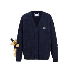 13De Marzo Plush Bear Jacquard Letter Knit Cardigan Navy