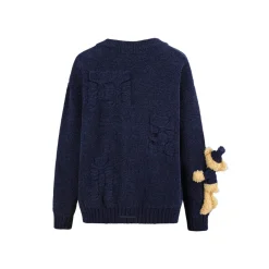 13De Marzo Plush Bear Jacquard Letter Knit Cardigan Navy