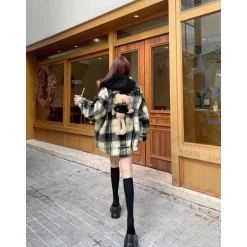 13De Marzo Plush Bear Plaid Woolen Shirt Jacket