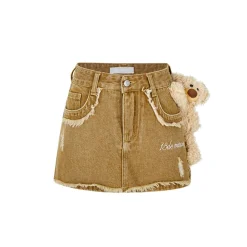 13De Marzo Plush Bear Retro Logo Chain Denim Shorts Khaki