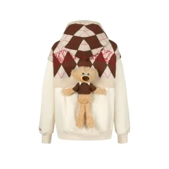 13De Marzo Plush Bear Retro Pattern Knit Hoodie Beige