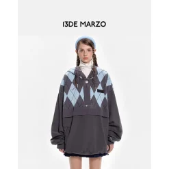 13De Marzo Plush Bear Retro Pattern Knit Hoodie Blue