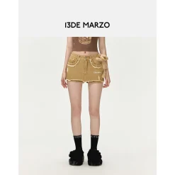 13De Marzo Plush Bear Retro Logo Chain Denim Shorts Khaki