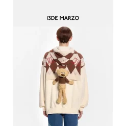 13De Marzo Plush Bear Retro Pattern Knit Hoodie Beige