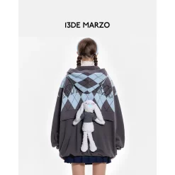 13De Marzo Plush Bear Retro Pattern Knit Hoodie Blue