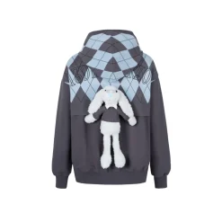 13De Marzo Plush Bear Retro Pattern Knit Hoodie Blue