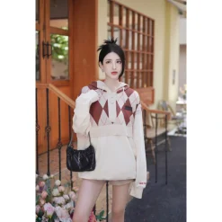 13De Marzo Plush Bear Retro Pattern Knit Hoodie Beige