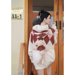 13De Marzo Plush Bear Retro Pattern Knit Hoodie Beige