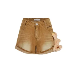 13De Marzo Plush Bear Turn Over Edge Denim Shorts Brown