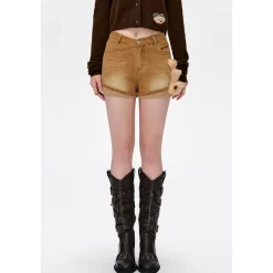13De Marzo Plush Bear Turn Over Edge Denim Shorts Brown