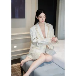 13De Marzo Plush Bear Tweed Patch Suit Jacket Beige