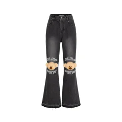 13De Marzo Plush Knee Bear Flare Jeans Washed Black