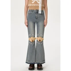 13De Marzo Plush Knee Bear Flare Jeans Washed Blue