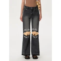 13De Marzo Plush Knee Bear Flare Jeans Washed Black