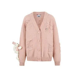 13De Marzo Plush Rabbit Jacquard Letter Knit Cardigan Pink