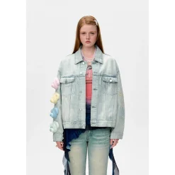 13De Marzo Rainbow Bear Line Retro Denim Jacket