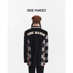 13De Marzo Retro Bear Plaid Patch Suit Jacket