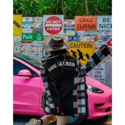 13De Marzo Retro Bear Plaid Patch Suit Jacket