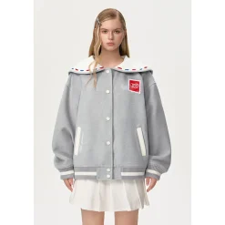 13De Marzo Sailor Collar Love Letter Baseball Jacket Grey