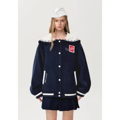 13De Marzo Sailor Collar Love Letter Baseball Jacket Navy Blue