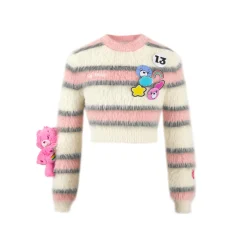 13De Marzo X Care Bears Badges Striped Furry Sweater Pink