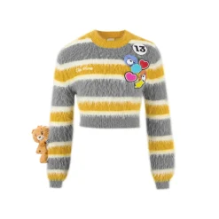 13De Marzo X Care Bears Badges Striped Furry Sweater Yellow