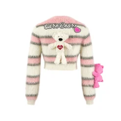 13De Marzo X Care Bears Badges Striped Furry Sweater Pink