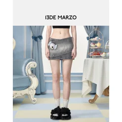 13De Marzo X PEKO Sweet Bear Low-Rise Mini Denim Skirt Gray