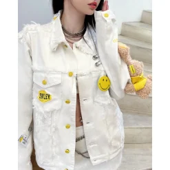 13 De Marzo X Smiley Broken Suture Denim Jacket White