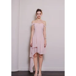Diana Vevina Asymmetrical Hem Halter Long Dress Pink