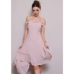 Diana Vevina Asymmetrical Hem Halter Long Dress Pink