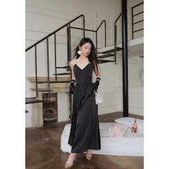 Diana Vevina Backless Pearl Chain Sling Dress Black