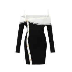 Diana Vevina Color Blocked Off-Shoulder Slim Fit Knit Dress