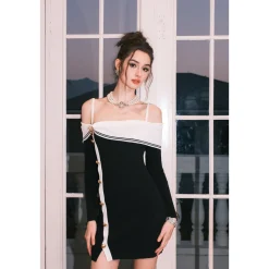 Diana Vevina Color Blocked Off-Shoulder Slim Fit Knit Dress