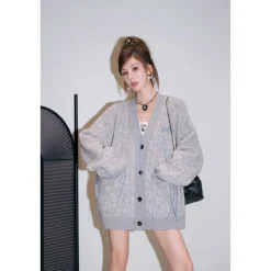 Diana Vevina Drawstring Totem Cardigan Grey
