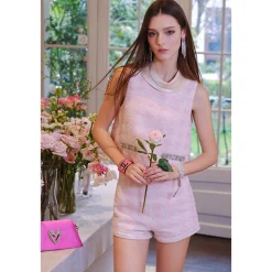Diana Vevina Houndstooth Tweed Shorts Pink