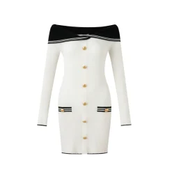 Diana Vevina Off-Shoulder Retro Gold Button Slim Fit Knit Dress White