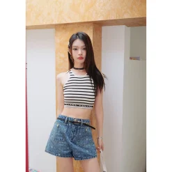 Diana Vevina Printed Denim Shorts Blue