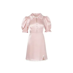 Diana Vevina Puff Sleeve Rhinestone Button Silk Dress Pink
