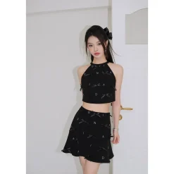 Diana Vevina Rhinestone Letters Bow Tie Skirt Black
