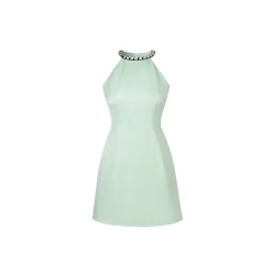 Diana Vevina Sleeveless Rhinestone Halter Dress Green