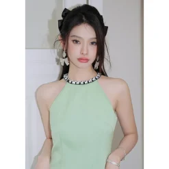 Diana Vevina Sleeveless Rhinestone Halter Dress Green